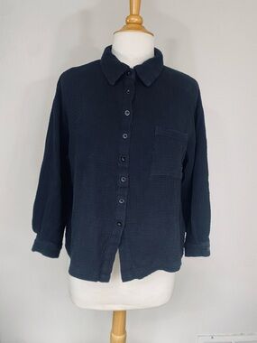Latuza Womens Black Waffle Knit Cotton Boxy Button Down Shirt Size Medium Casual